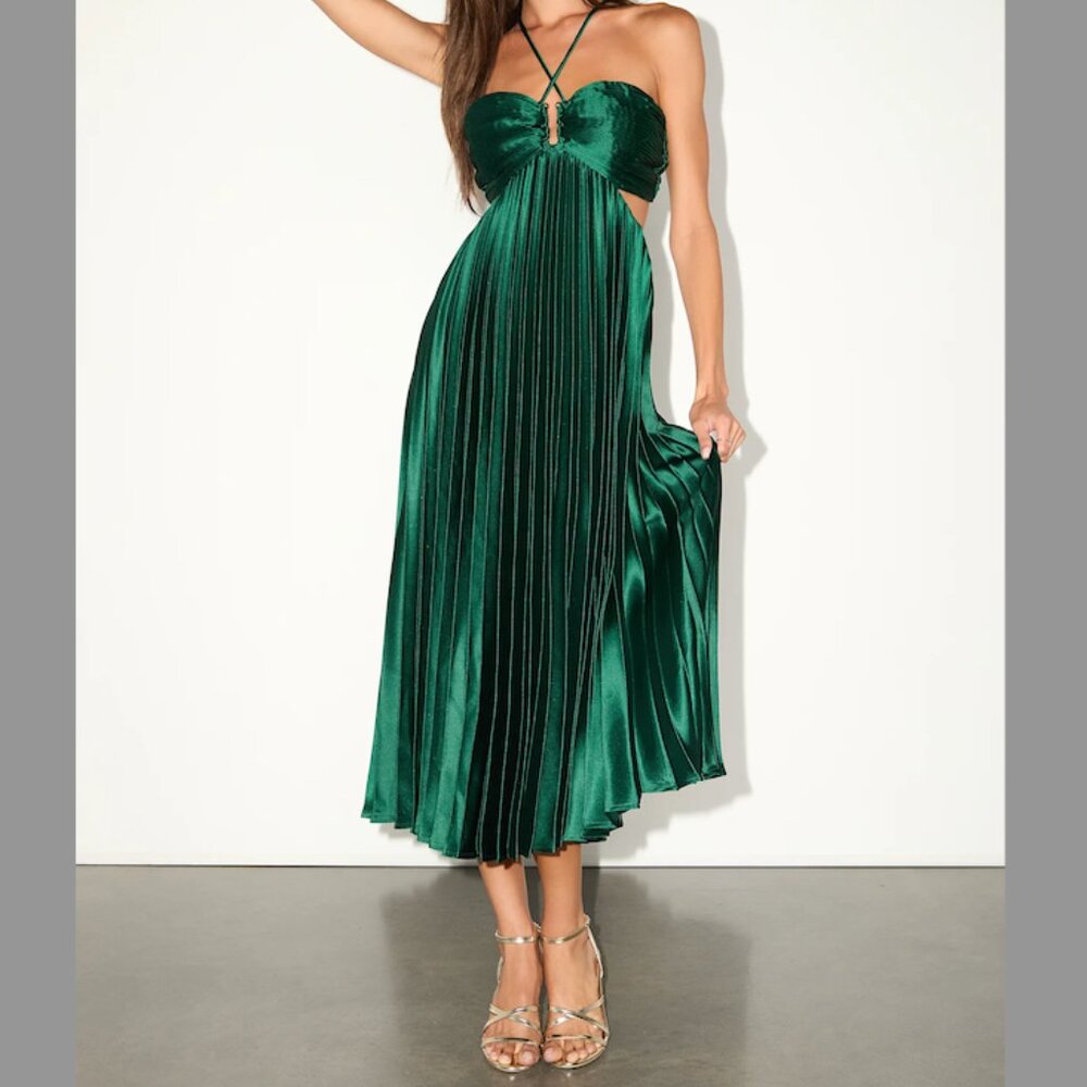 Lulus Emerald Satin Pleated Cutout Midi Dress -- Only Worn Once!